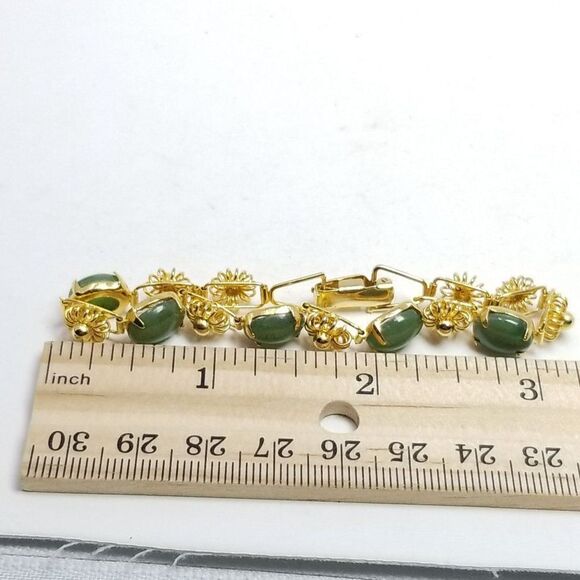 Vintage Gold Tone and Green Cabochon Panel Link Bracelet, Unique Design, Estate - Picture 4 of 5